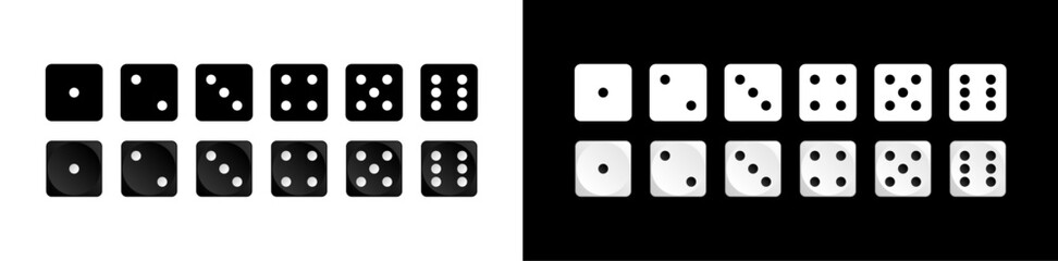 Vector dice game with white and black cubes. Dice icon. Craps. Six dice set. Sides of the dice