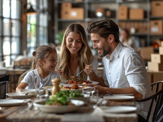 Warm Family Moments: First Meal in New Home - Realistic Digital Illustration of Joyful Family Dining Together