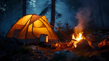 A black pot with smoke coming out of it sits next to a tent