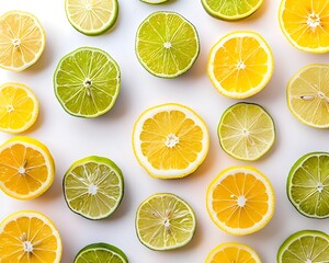 Fototapeta premium Vibrant Citrus Slices Arranged in Zesty Pattern on White Background