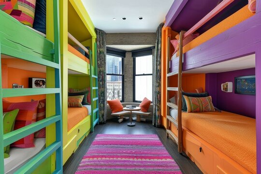 Bright and vibrant bunk beds in a modern hostel room with a city view