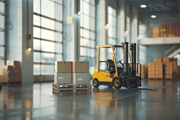 A modern warehouse scene depicts a yellow forklift lifting boxes. The warehouse is likely part of a logistics and storage operation, hinting at industrial processes and materials handling