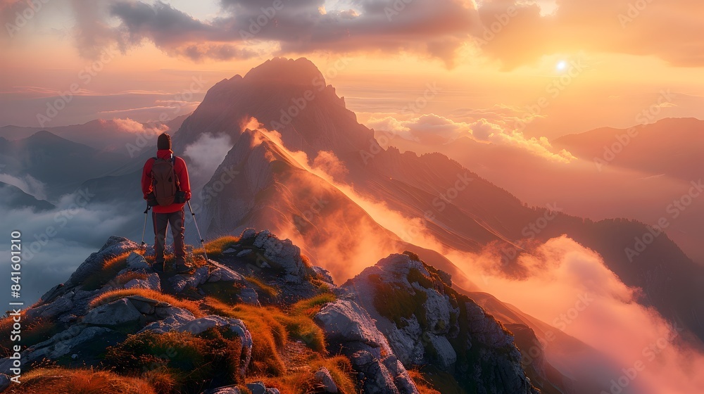 Wall mural hiker overlooking breathtaking mountainous valley at sunrise triumphant and serene