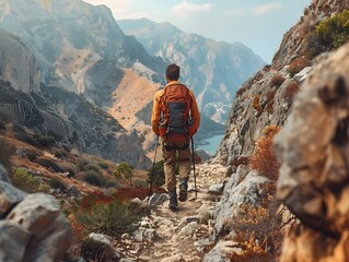 Determined Hiker Navigating a Steep Rocky Path Through Majestic Mountainous Landscape