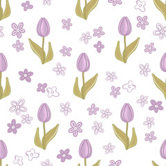 Original seamless pattern with flowers tulips , original elements , in lilac and pink colors spring flowers 
file JPEG 5000x5000px 300dpi RGB
