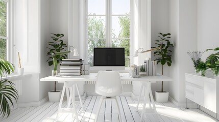 clean white workspace with an organized desk and computer setup, Generative AI