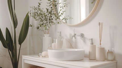Fototapeta premium A pristine white bathroom sink with gleaming faucets and fixtures, Generative AI