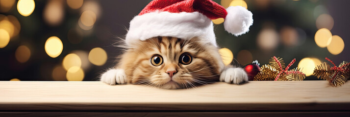 Christmas banner with cute kitten. Cat with red Santa hat above wooden banner looking at camera. Christmas signboard or gift card for pet shop or vet clinic.