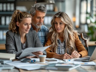 Senior Couple Reviewing Investment Portfolio with Financial Planner in Bright Modern Office - Realistic Digital Illustration
