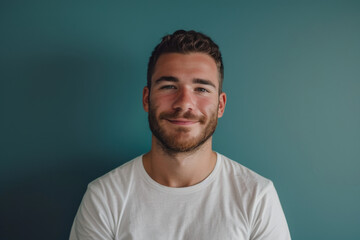 A close up portrait of a young man with a subtle smile