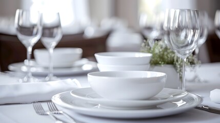 Fototapeta premium A set of polished white dinnerware displayed elegantly on a white tablecloth, Generative AI