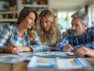 Planning for the Future: Parents Meeting Financial Advisor for College Savings, Detailed Charts and Brochures on Table