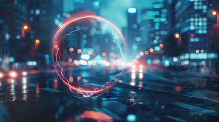 Lightning circle on dark blurred urban stormy copyspace background