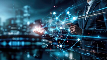 Businessman touching structure of business technology on data network to adapt implement new policies and technology to support it effectively. Enhance customer experience and stay competitive