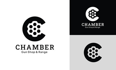 Simple Letter C Chamber Cylinder Logo Design Template for Pistol Revolver Gun Shop Armory Shooting Range or Self Defense Military Police Security Army Vector Logo.
