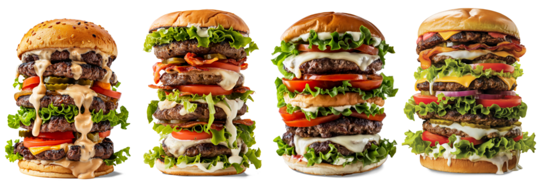 huge towering burger loaded ingredient with cheese collection set, PNG isolated transparent background with shadow
