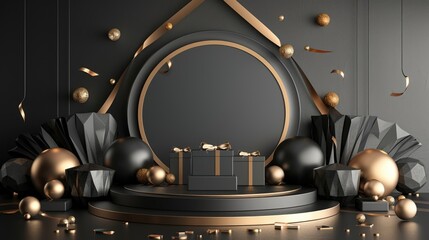 Black Friday banner background with a podium platform, black and gold stuff on a dark scene for product stand in 3D illustration