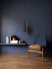 Living room with a blue wall and shelf, armchair in blue fabric, wood and brown leather, books, plants, glass pendant and parquet floor