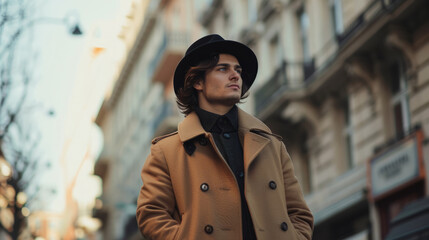 Obraz premium Serious man in a stylish coat and hat standing in city street