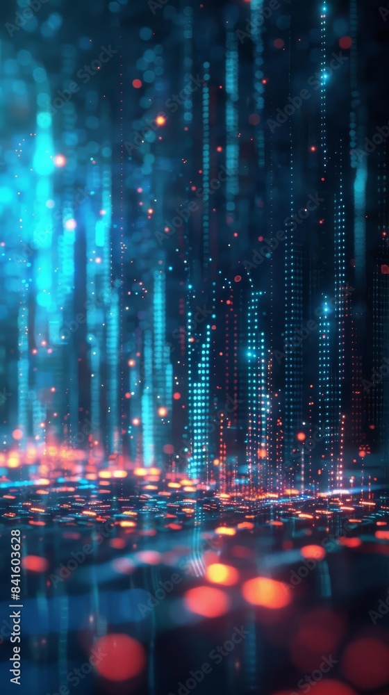 Poster abstract digital data visualization with glowing lines and dots in a dark blue background, represent