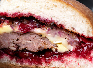 Cross-sectional macro photograph of a burger.