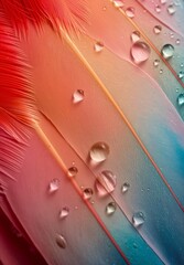 Close-up photograph of colorful feathers with water droplets. Nature and texture theme. Design for print, poster, and greeting card.