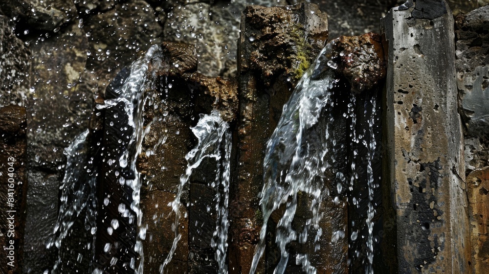 Poster a small waterfall cascading down a wall of columnar basalt with drops falling between the gaps of th