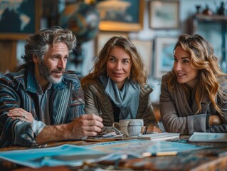 Fototapeta premium Modern Couple Meeting Financial Planner in Urban Office to Discuss Travel Plans and Investments