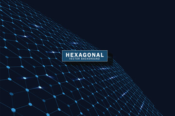 Abstract hexagons patter with connecting dots and lines. Digital big data visualization. Network connection and communication technology concept