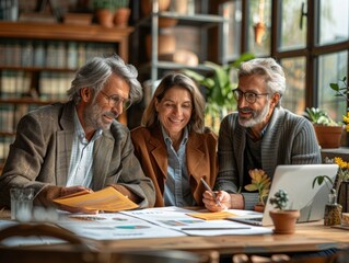 Retired Couple Reviewing Investment Portfolio with Financial Planner in Sunlit Room