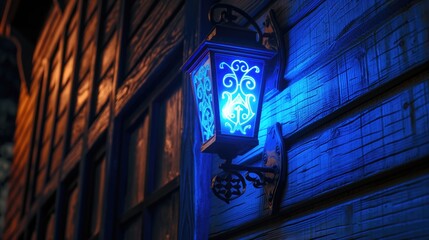 Blue neon vintage medieval lamp on wooden house wall