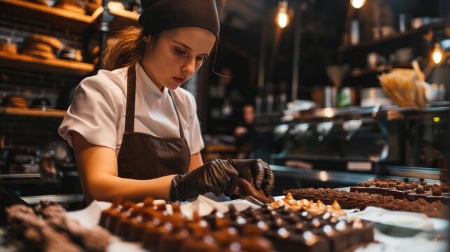 Chocolatier crafting woman creating artisanal confections chocolate in confectionery cafe