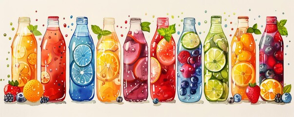 Colorful assortment of bottled fruit drinks in various flavors, displayed in a row with fresh fruit slices and berries. Summer vibes.