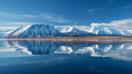 Snow-capped mountains reflected in calm water on a clear day