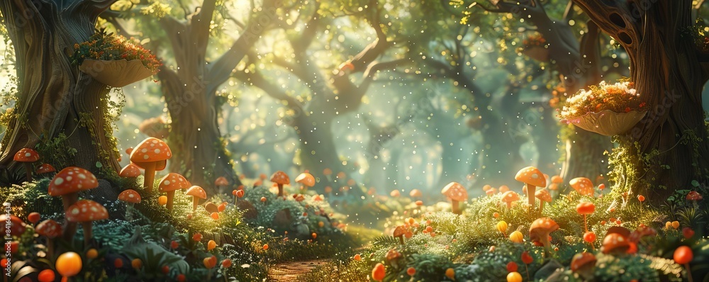 Poster enchanting forest scene with mushroom, sunlight streaming through trees creating a magical atmospher