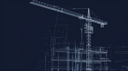 A blue and white image of a crane with a building in the background