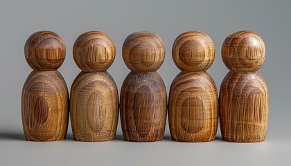 Five wooden figurines standing in a row on a gray background, showcasing craftsmanship and simplicity.