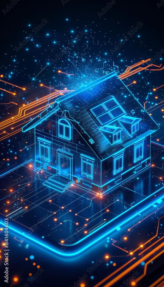 Aufkleber futuristic smart home concept. digital representation of a high-tech house with circuits and glowing