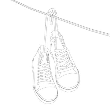 recommend clip art: Contour Sneakers hanging from a rope on the white background. Vector illustration.