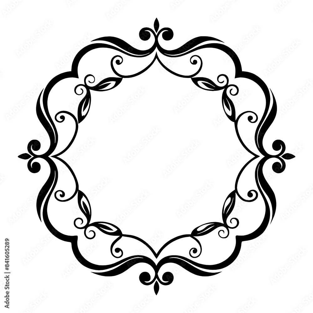 Poster a simple black and white image of an ornate frame with floral elements. the frame is circular and fe