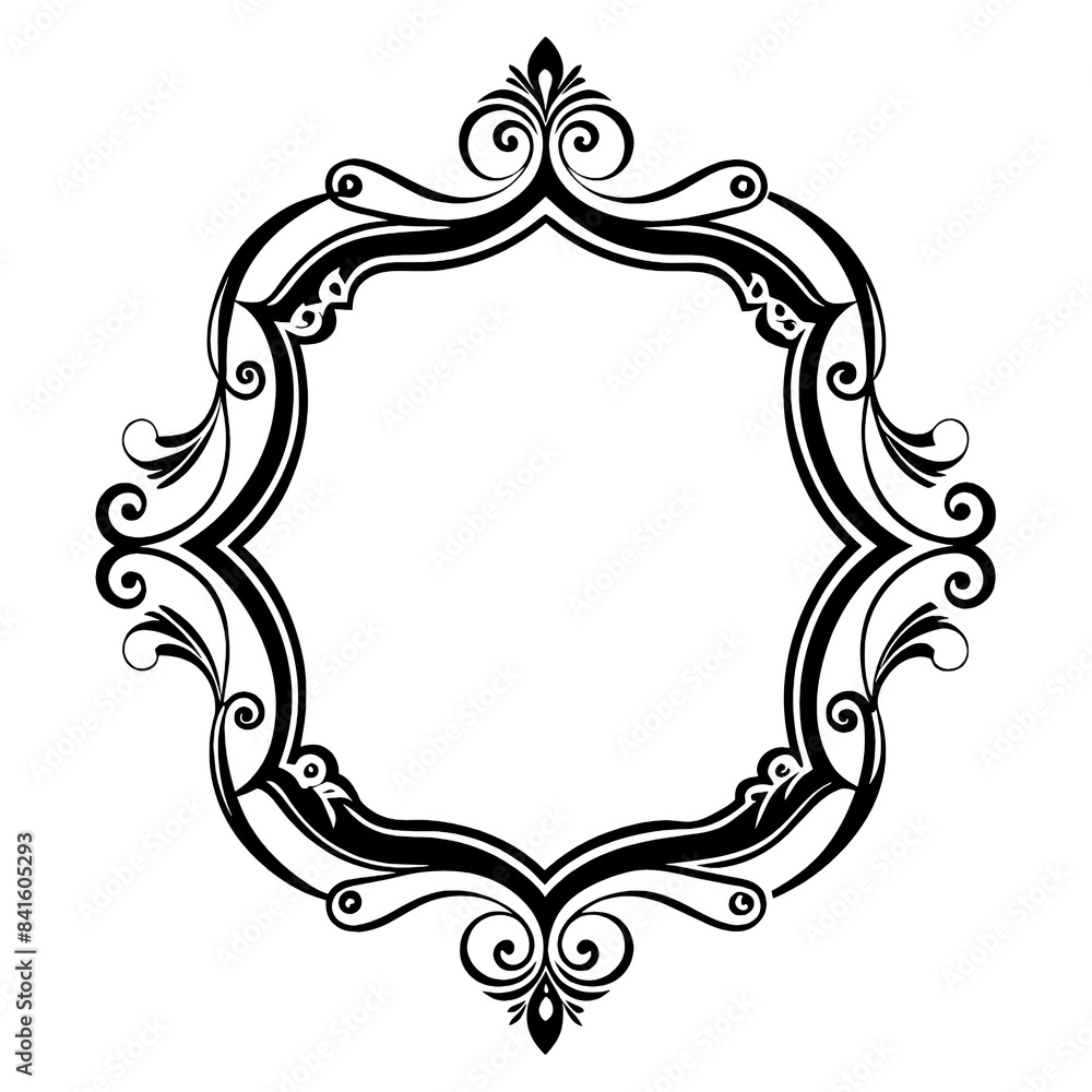 Poster a simple black and white decorative frame with intricate flourishes. this frame would be perfect for
