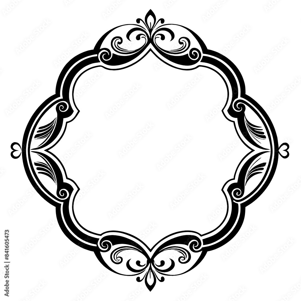 Poster a black and white ornate decorative frame design featuring intricate swirls and floral patterns. thi