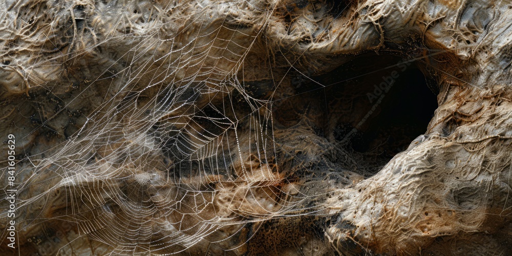 Poster detailed close-up of a spider web intricately woven on a rock surface, with visible threads and patt