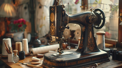 A vintage sewing machine sits on a table with a vase of flowers and other items