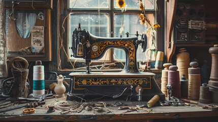 A vintage sewing machine sits on a table with a vase of flowers and other items