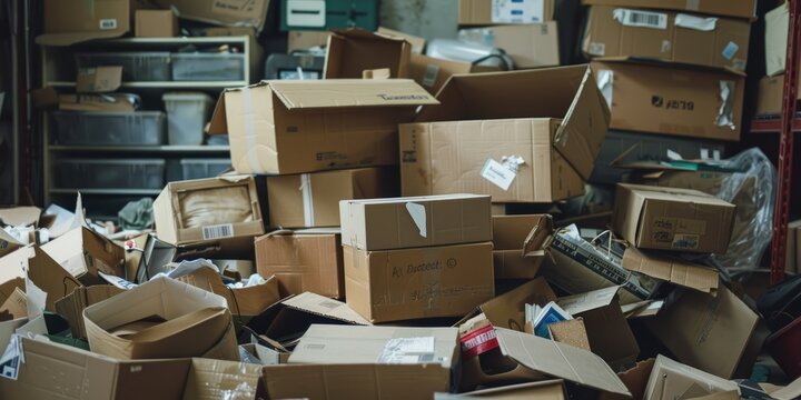 A disorganized heap of various cardboard boxes waiting to be unpacked in a messy storage room