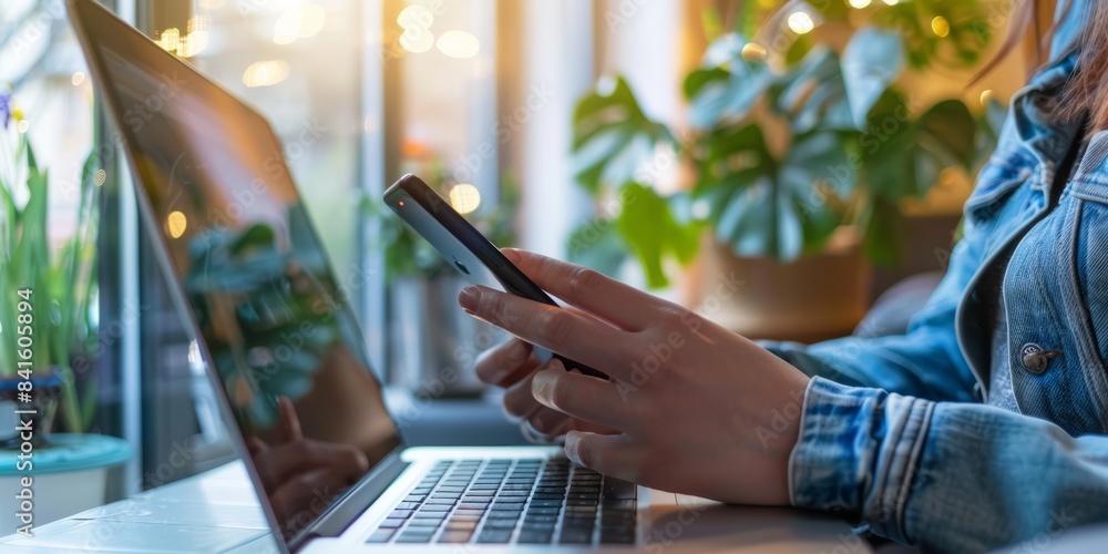 Poster a person is using a cell phone in front of a laptop computer