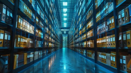 A spacious archival storage facility with tall shelves filled with organized file boxes under bright lighting, creating a sense of order and efficiency.