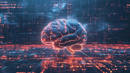 Brain located in the middle of digital coding background. Artificial intelligence background
