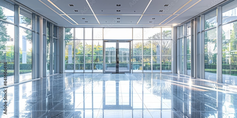 Poster an empty lobby of an office building with many windows and a sliding glass door